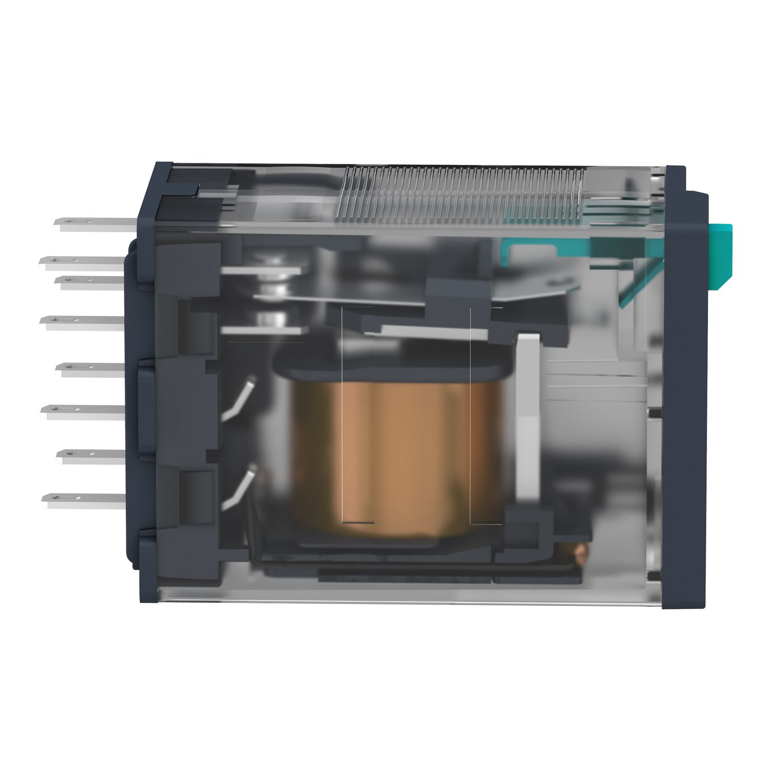 Picture of miniature plug in relay, Harmony Electromechanical Relays, 12A, 2CO, lockable test but to n, 110V DC
