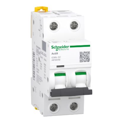 Picture of Miniature circuit breaker (MCB), Acti9 iC60L, 2P, 2A, C curve, 15000A (IEC/EN 60898-1), 100kA (IEC/EN 60947-2)