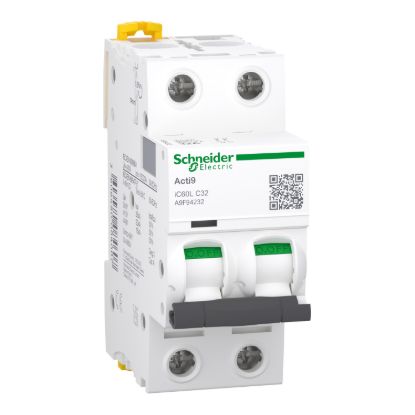 Picture of Miniature circuit breaker (MCB), Acti9 iC60L, 2P, 32A, C curve, 15000A (IEC/EN 60898-1), 20kA (IEC/EN 60947-2)