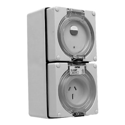 Picture of RCD Protected Switched Socket Outlet, Clipsal - 56 Series, 250V, 15A, 3 Flat PIN, IP66, Surface Mount