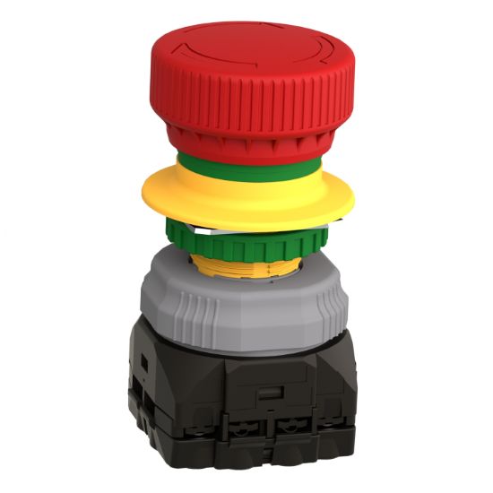Picture of Emergency stop push button, Harmony XB5, plastic, red, mushroom 40mm, 22mm, trigger latching turn to release, monitoring contact, 1NO  2NC