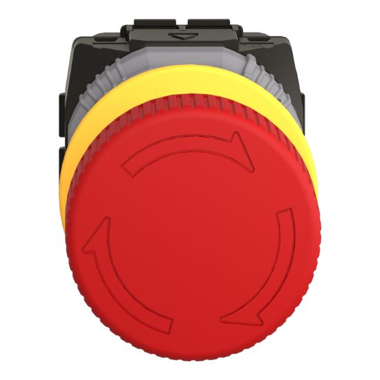 Picture of Emergency stop push button, Harmony XB5, plastic, red, mushroom 40mm, 22mm, trigger latching turn to release, monitoring contact, 1NO  2NC