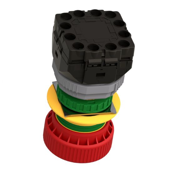 Picture of Emergency stop push button, Harmony XB5, plastic, red, mushroom 40mm, 22mm, trigger latching turn to release, monitoring contact, 1NO  2NC