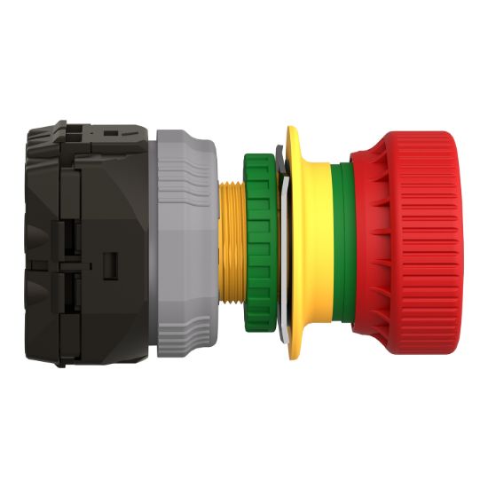 Picture of Emergency stop push button, Harmony XB5, plastic, red, mushroom 40mm, 22mm, trigger latching turn to release, monitoring contact, 1NO  2NC