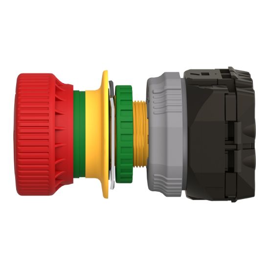 Picture of Emergency stop push button, Harmony XB5, plastic, red, mushroom 40mm, 22mm, trigger latching turn to release, monitoring contact, 1NO  2NC