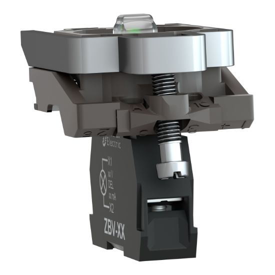 Picture of Light block with body fixing collar, Harmony XB4, metal, green, integral LED, 24V AC DC