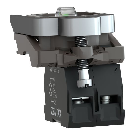 Picture of Light block with body fixing collar, Harmony XB4, metal, orange, integral LED, 110...120V AC, 1NO