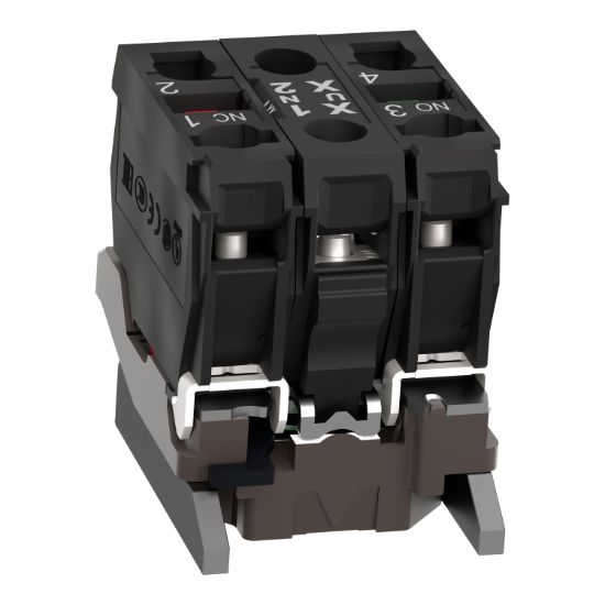 Picture of Complete body contact assembly and light block, Harmony XB4, metal, universal LED, body fixing collar, 1NO + 1NC, 110...120V AC