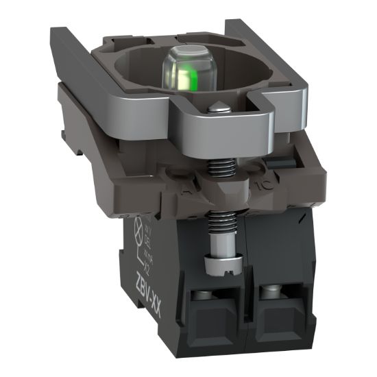 Picture of Light block with body fixing collar, Harmony XB4, metal, green, integral LED, 230…240V AC, 1NO