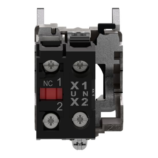 Picture of Complete body/contact assembly and light block, Harmony XB4, universal LED, body/fixing collar, 1NC, 230...240V