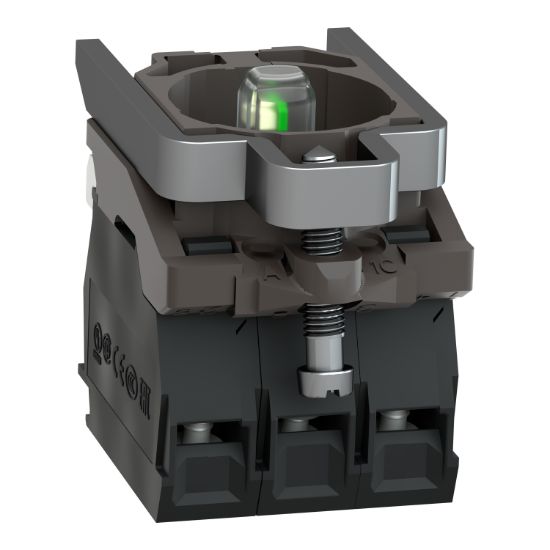 Picture of Light block with body fixing collar, Harmony XB4, metal, green, integral LED, 230…240V AC, 2NO