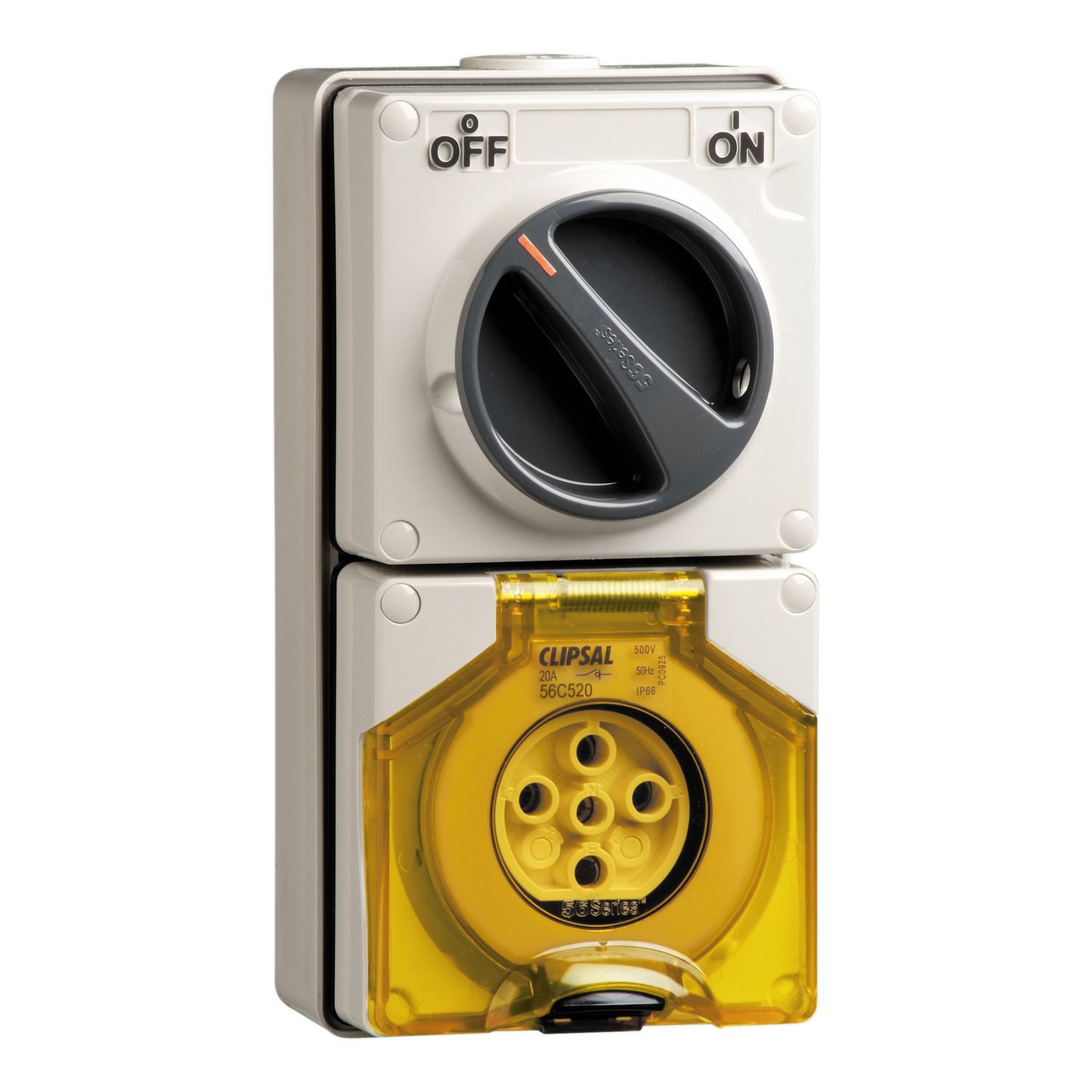 Picture of Switched Socket Outlet, Clipsal - 56 Series, 500V, 20A, 5 Round PIN, IP66, 3 Pole, Surface Mount