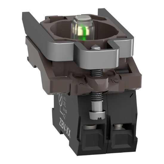 Picture of Complete body/contact assembly and light block, Harmony XB4, metal, universal LED, body/fixing collar, 1NO, 24V AC DC