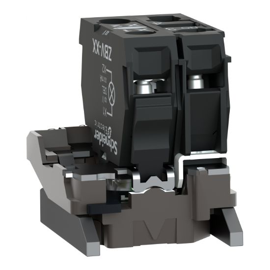 Picture of Light block with body fixing collar, Harmony XB4, metal, green, integral LED, 24V AC DC, 1NO