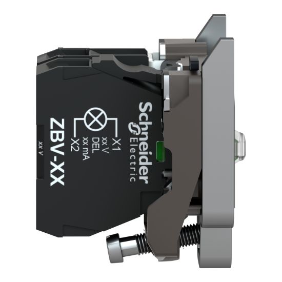 Picture of Light block with body fixing collar, Harmony XB4, metal, green, integral LED, 24V AC DC, 1NO