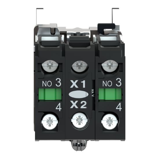 Picture of Light block with body fixing collar, Harmony XB4, metal, green, integral LED, 24V AC DC, 2NO