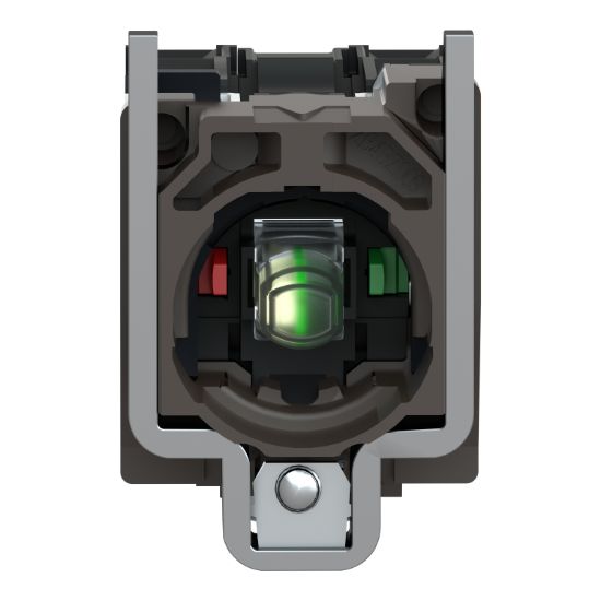 Picture of Light block with body fixing collar, Harmony XB4, metal, green, integral LED, 24V AC DC, 1NO+1NC