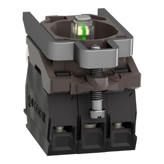 Picture of Complete body/contact assembly and light block, Harmony XB4, metal, universal LED, body/fixing collar, 1NO + 1NC, 24V AC DC