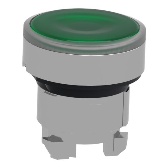 Picture of Head for illuminated push button, Harmony XB4, metal, green flush, 22mm, universal LED, spring return, plan lens