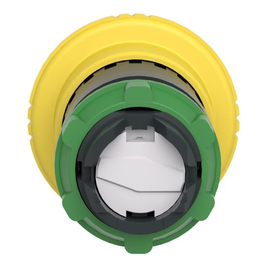 Picture of Mushroom push button head 40mm, Harmony XB5, plastic, yellow, 22mm, latching turn realease