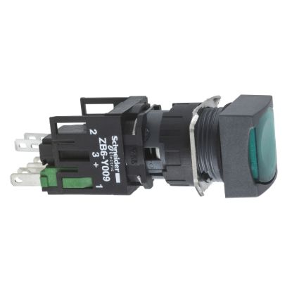 Picture of Complete illuminated push button, Harmony XB6, green square flush, 16mm, latching, 1NO + 1NC,  12...24V