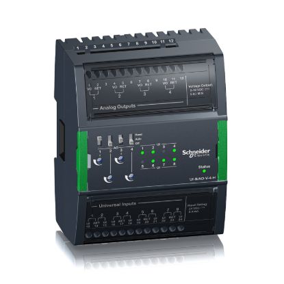 Picture of Central I/O module, SpaceLogic, 8 universal inputs, 4 analog voltage outputs, hand control/override switches
