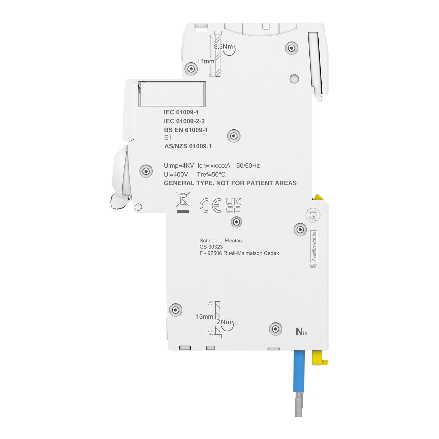 Picture of Residual current breaker with overcurrent protection (RCBO), Acti9, iC60H RCBO, 1P + Ns, 45A, 30mA, A type, 10000A