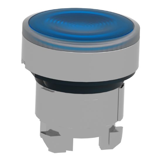 Picture of Head for illuminated push button, Harmony XB4, metal, blue flush, 22mm, universal LED, spring return, grooved lens