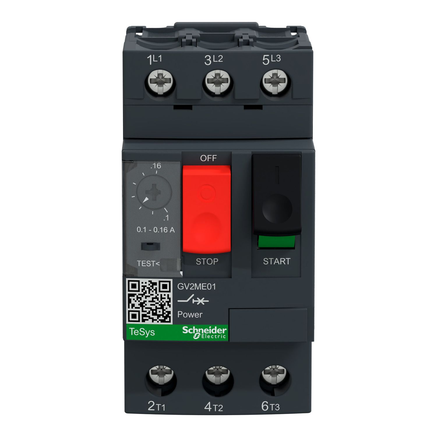 Picture of Motor circuit breaker, TeSys GV2, TeSys Deca, 3P, 0.1 to 0.16A, thermal magnetic, screw clamp terminals, button control