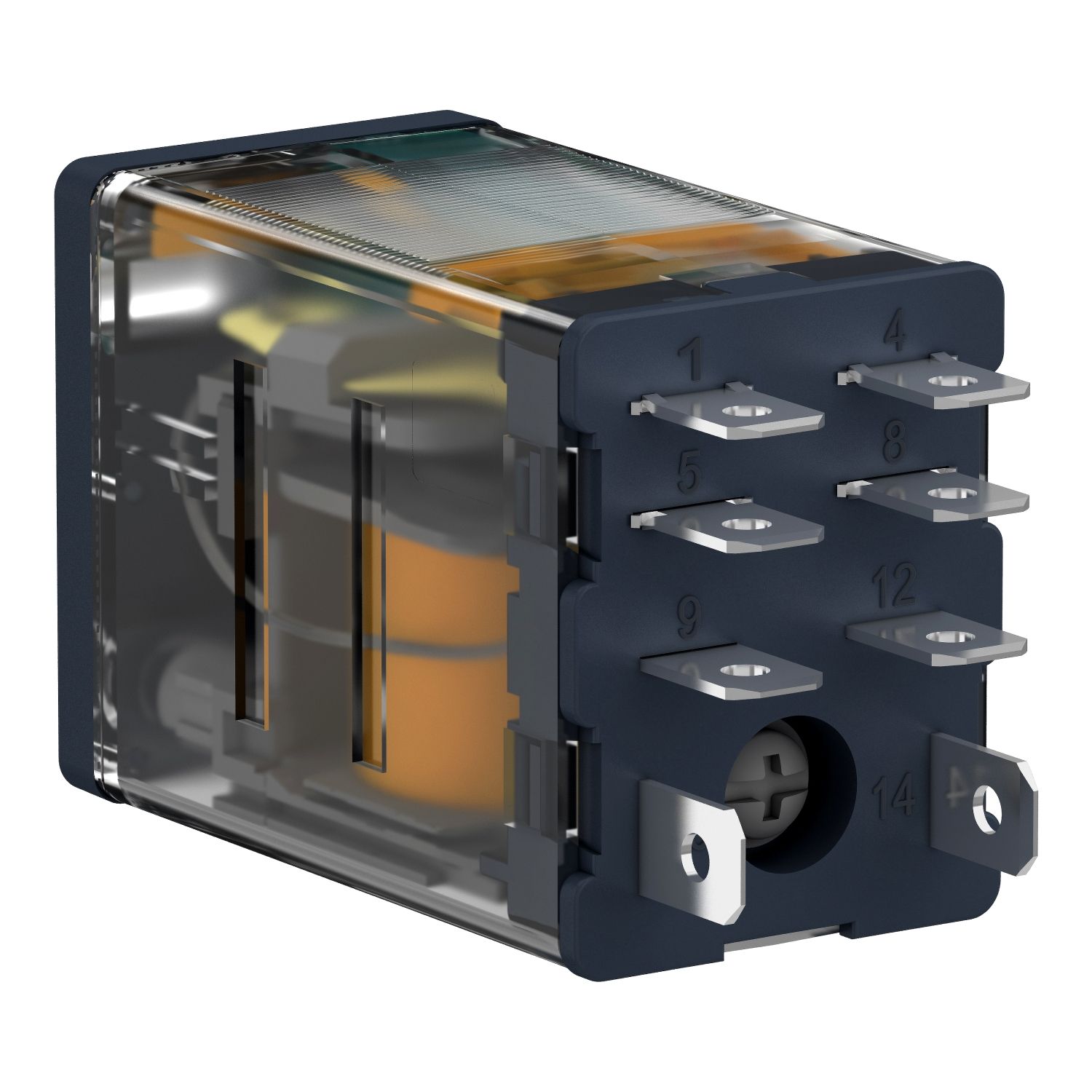 Picture of plug-in relay, Harmony electromechanical relays, 15A, 2CO, lockable test button, 12V DC