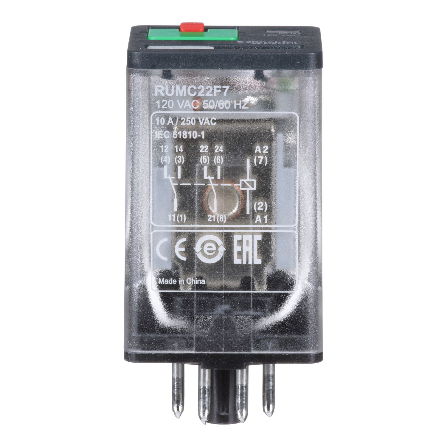 Picture of Universal plug in relay, Harmony Electromechanical Relays, 10A, 2CO, with LED, lockable test button, 120V AC