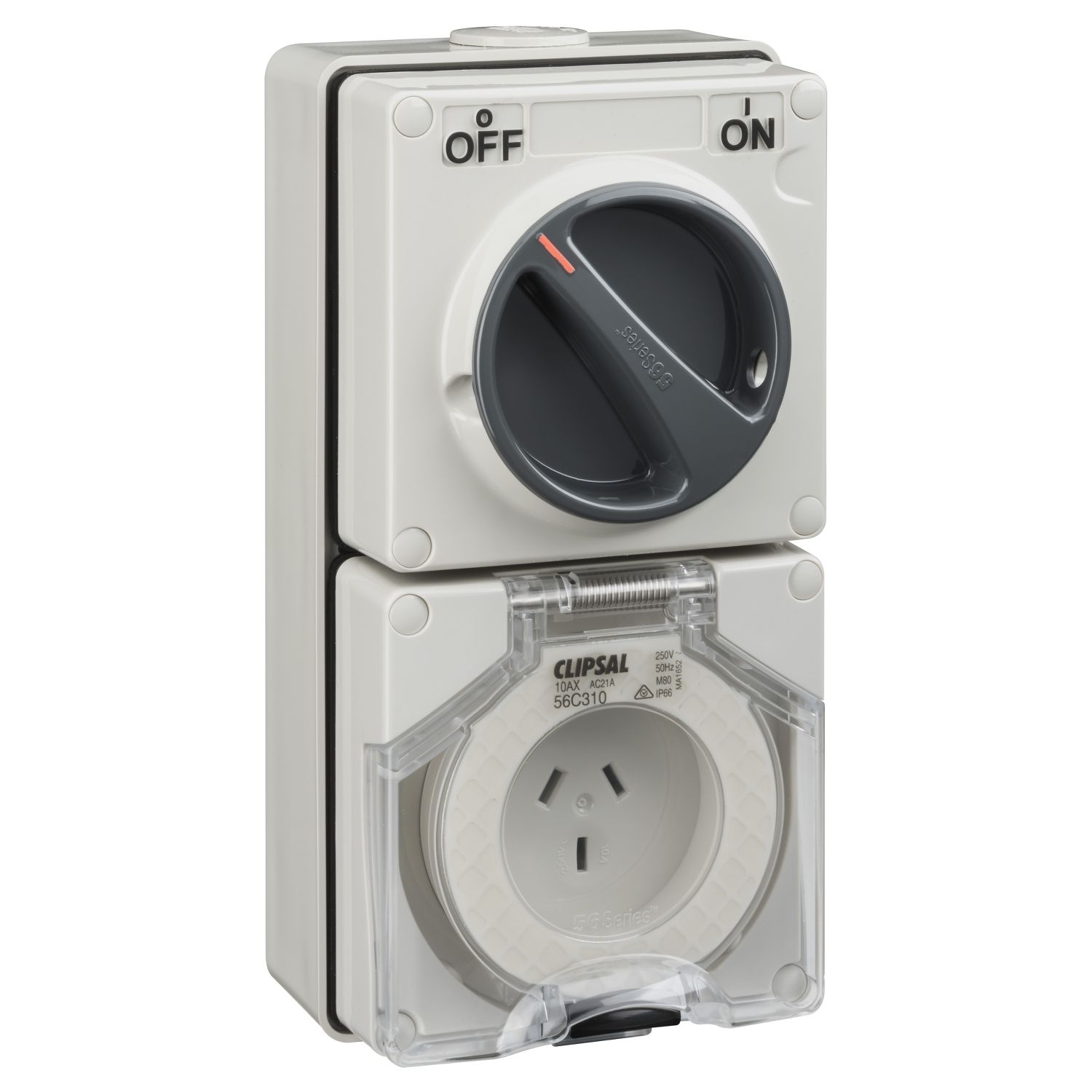 Picture of Switched Socket Outlet, Clipsal - 56 Series, 250V, 10A, 3 Flat PIN, IP66, 1 Pole, Heavy Duty