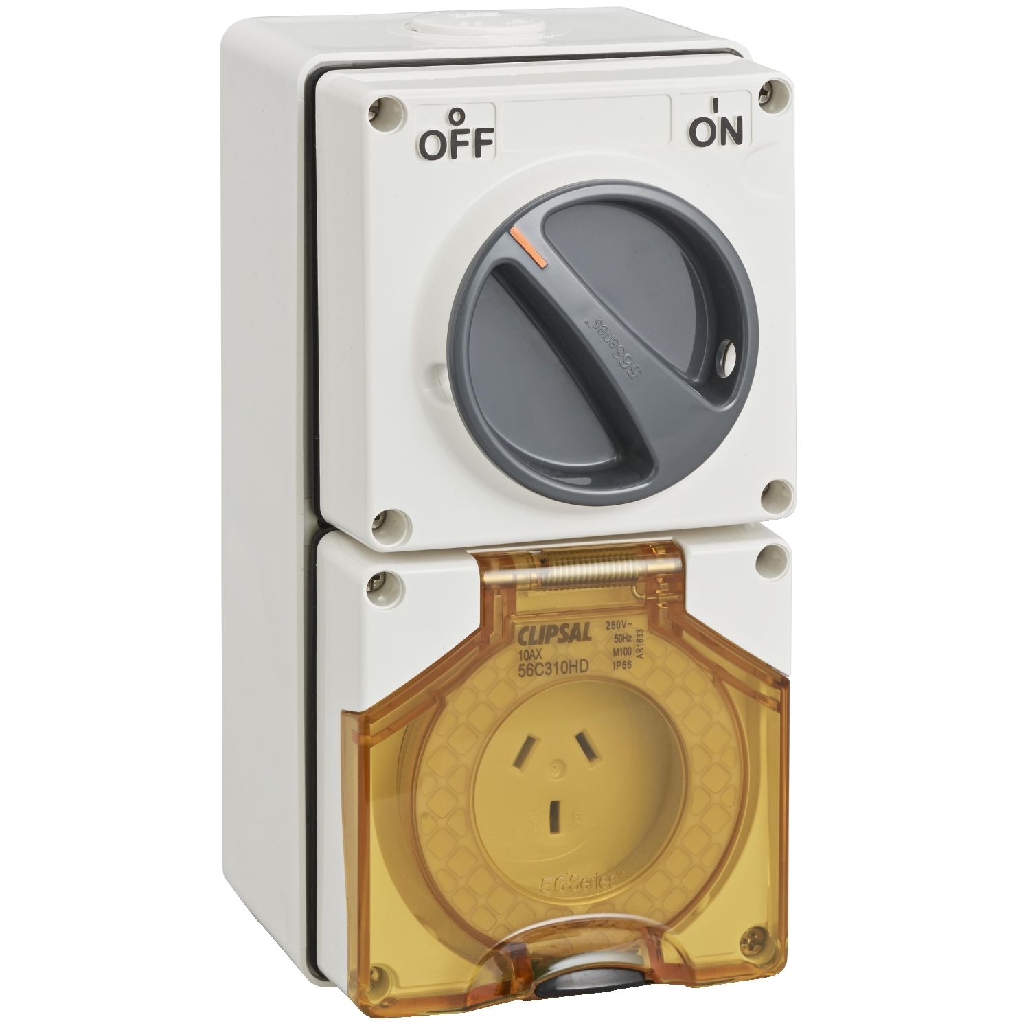 Picture of Switched Socket Outlet, Clipsal - 56 Series, 250V, 10A, 3 Flat PIN, IP66, 1 Pole, Heavy Duty