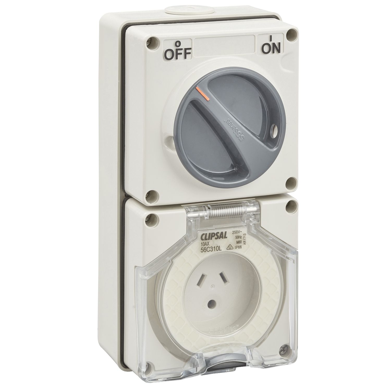 Picture of Switched Socket Outlet, Clipsal - 56 Series, 250V, 10A, 2 Flat and Round Earth PIN, IP66, 1 Pole