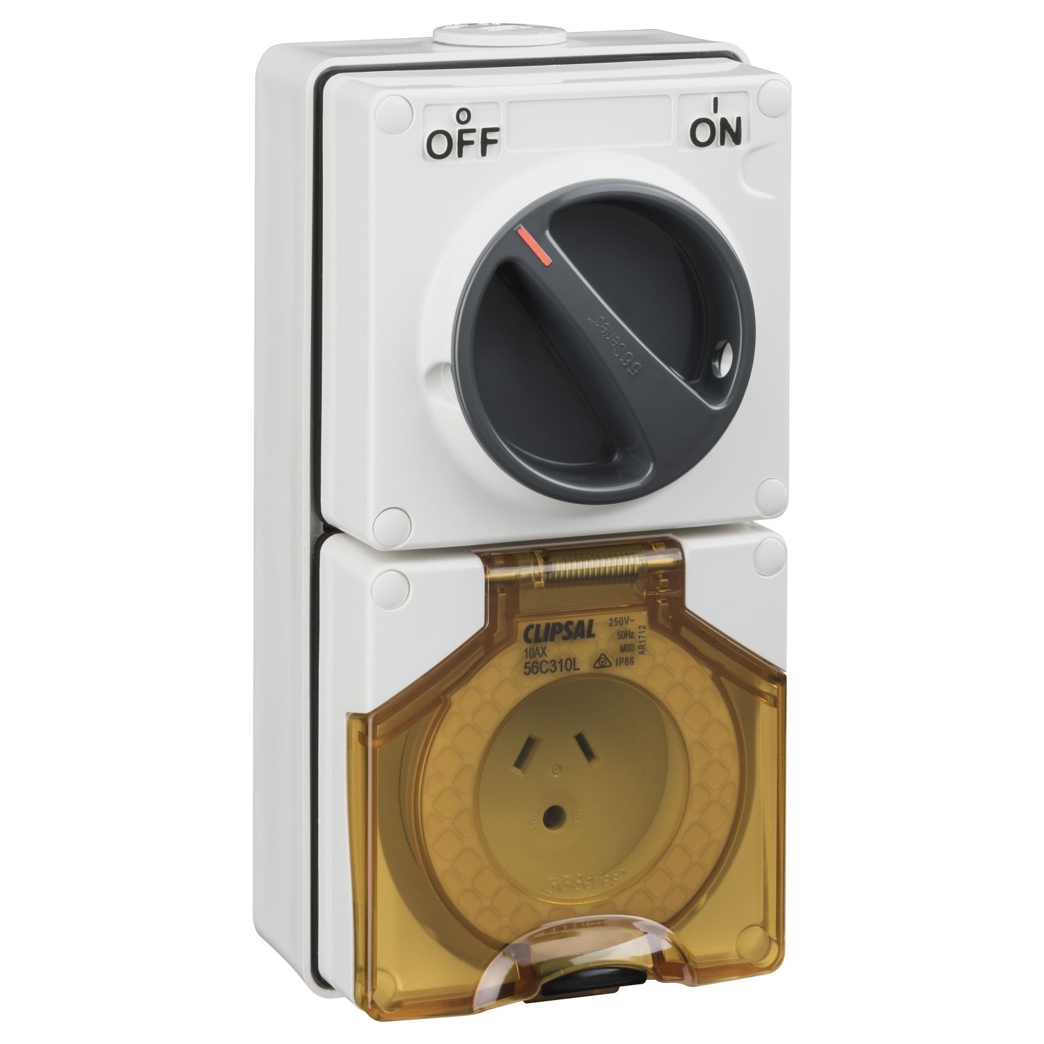 Picture of Switched Socket Outlet, Clipsal - 56 Series, 250V, 10A, 2 Flat and Round Earth PIN, IP66, 1 Pole