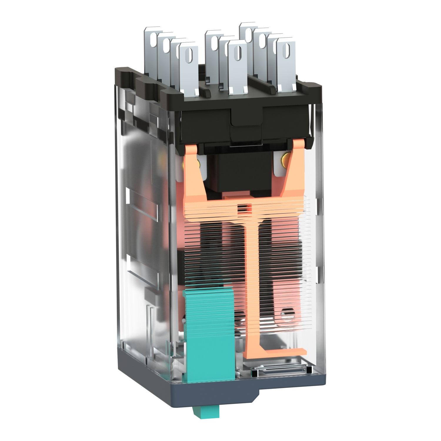 Picture of miniature plug in relay, Harmony Electromechanical Relays, 10A, 3CO, lockable test but to n, 48V DC