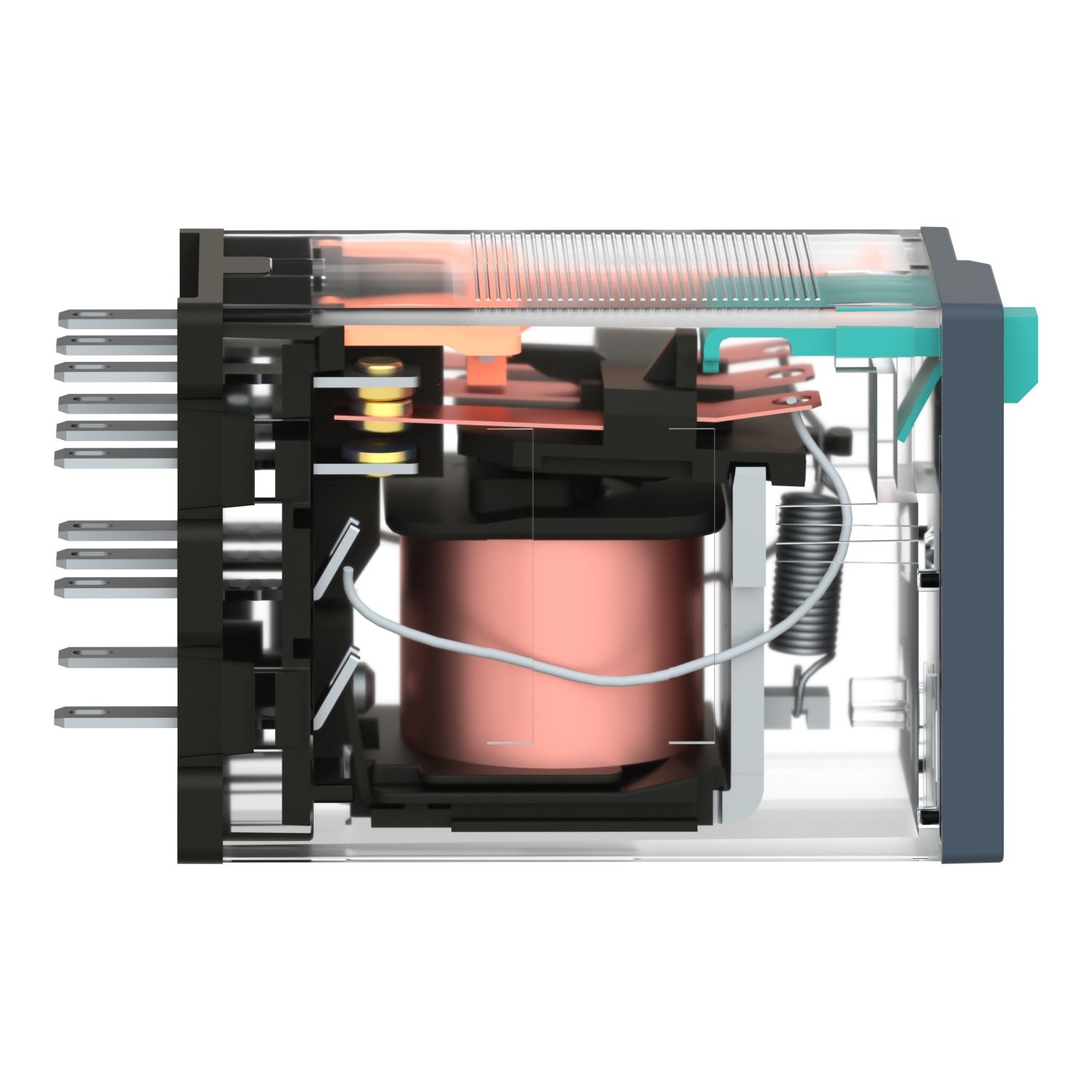 Picture of miniature plug in relay, Harmony Electromechanical Relays, 10A, 3CO, lockable test but to n, 48V DC