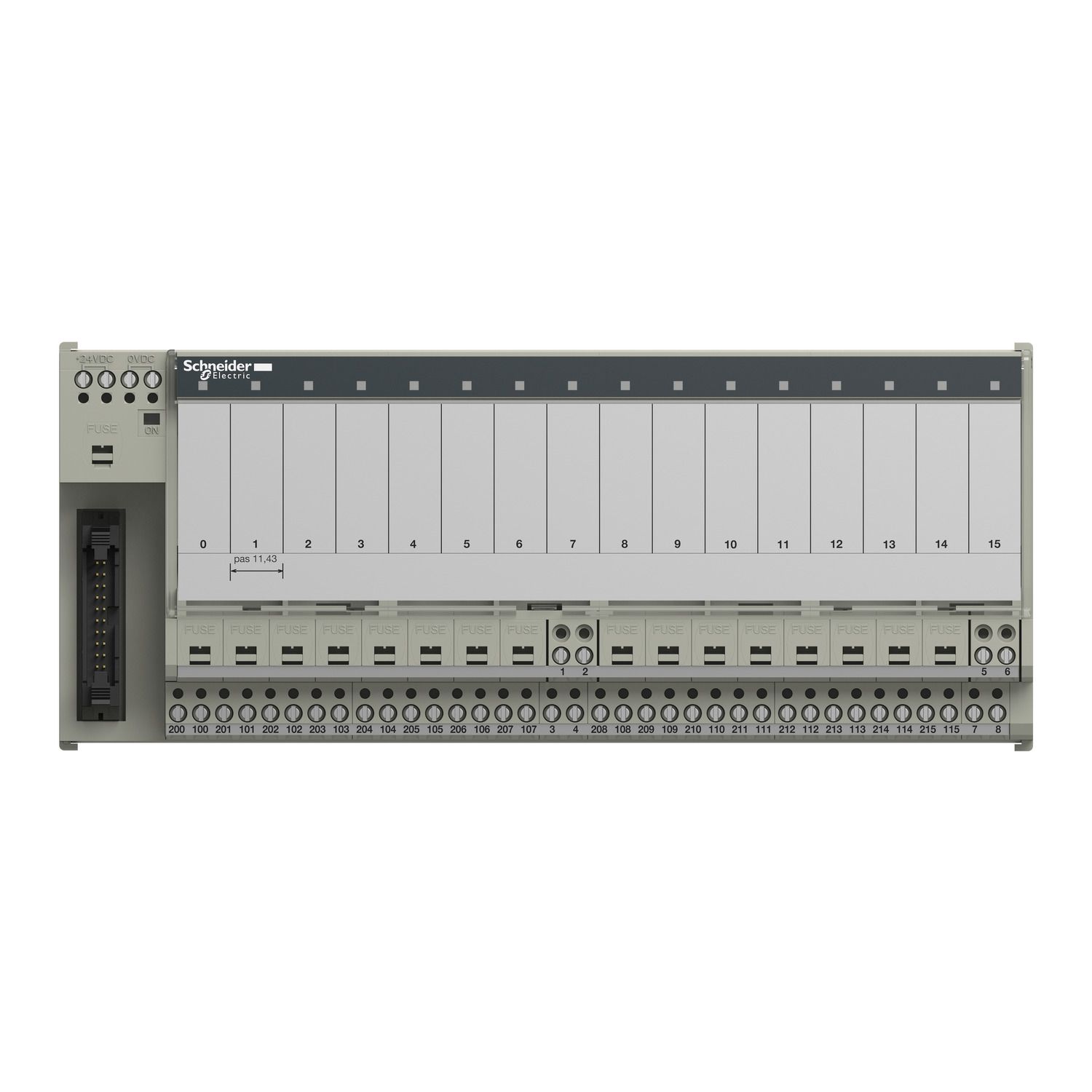 Picture of sub-base for plug-in relay ABE7 - 16 channels - fuses - relay 10 mm