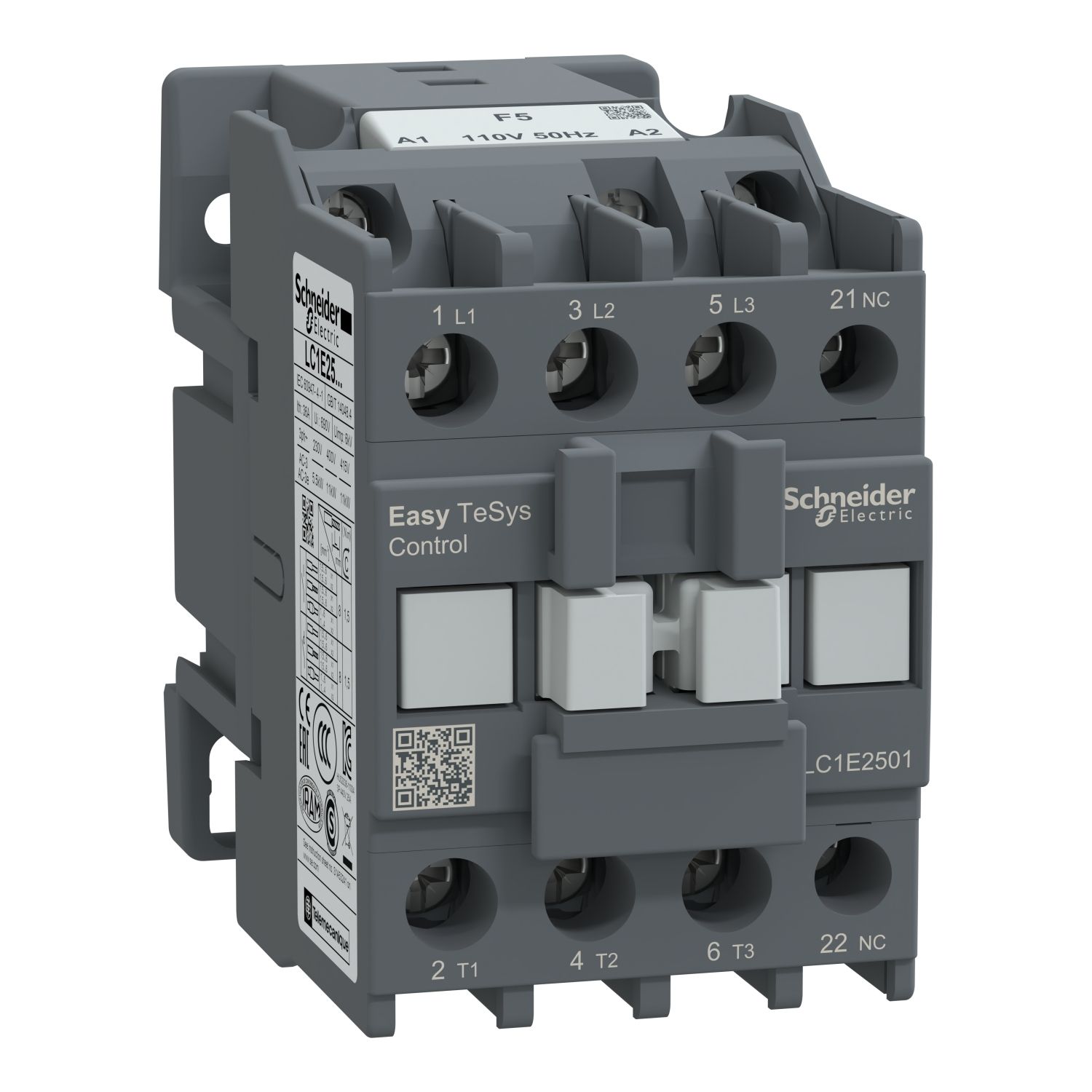 Picture of Contactor,Easy TeSys Control,LC1E,3P(3NO),AC-3,<=440V,25A,110V AC coil,50Hz,1NC auxiliary contact