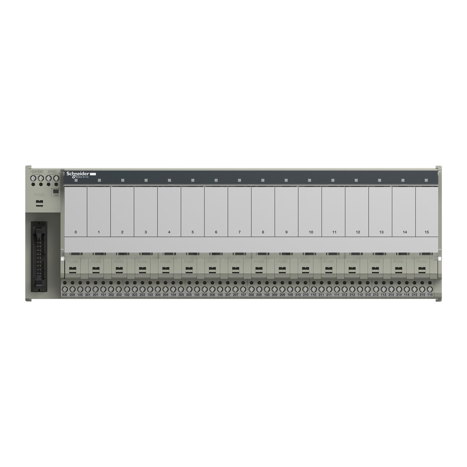 Picture of sub-base for plug-in relay ABE7 - 16 channels - fuses - relay 12.5 mm