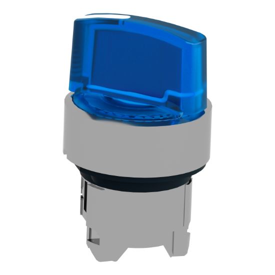 Picture of Head for illuminated selector switch, Harmony XB4, chromium metal, blue handle, 22mm, universal LED, 2 positions