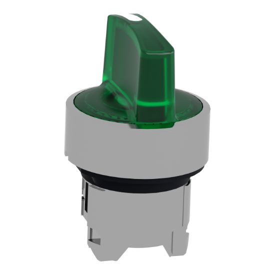 Picture of Head for illuminated selector switch, Harmony XB4, metal, green handle, 22mm, universal LED, 3 positions, stay put