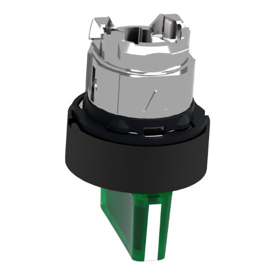 Picture of Head for illuminated selector switch, Harmony XB4, universal LED,  black metal, green handle, 22mm, 3 positions, stay put