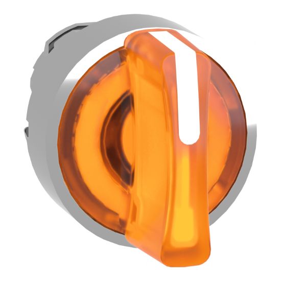 Picture of Head for illuminated selector switch, Harmony XB4, metal, orange handle, 22mm, universal LED, 3 positions, stay put