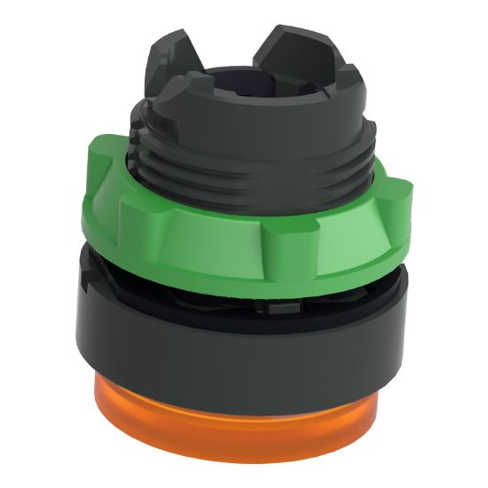 Picture of Head for illuminated push button, Harmony XB5, dark grey plastic, orange projecting, 22mm, universal LED, push-push