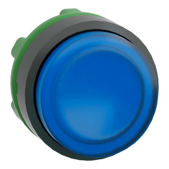 Picture of Head for illuminated push button, Harmony XB5, dark grey plastic, blue projecting, 22mm, universal LED, push-push