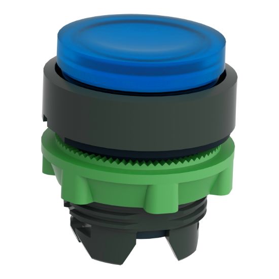 Picture of Head for illuminated push button, Harmony XB5, dark grey plastic, blue projecting, 22mm, universal LED, push-push