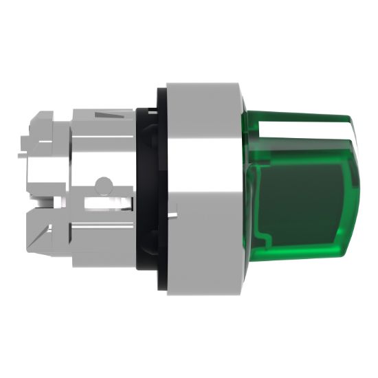 Picture of Head for illuminated selector switch, Harmony XB4, metal, green handle, 22mm, universal LED, 2 positions, stay put