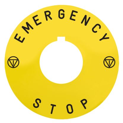 Picture of Marked legend, Harmony XB5, yellow, 90mm, for emergency stop, marked EMERGENCY STOP/logo ISO13850