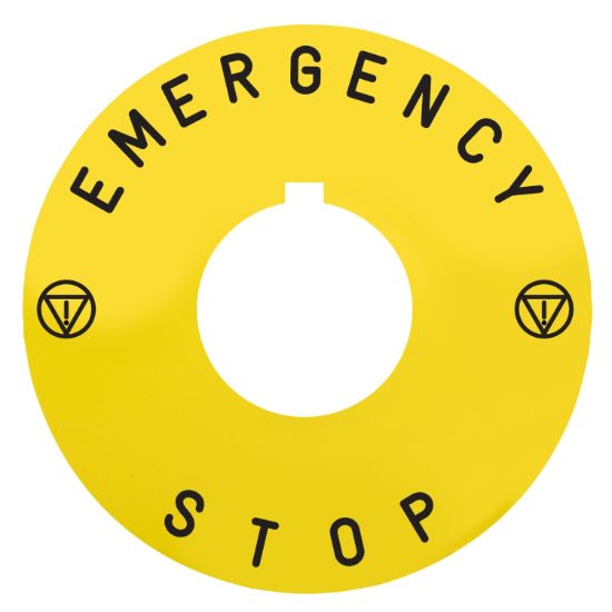 Picture of Marked legend, Harmony XB5, yellow, 90mm, for emergency stop, marked EMERGENCY STOP/logo ISO13850